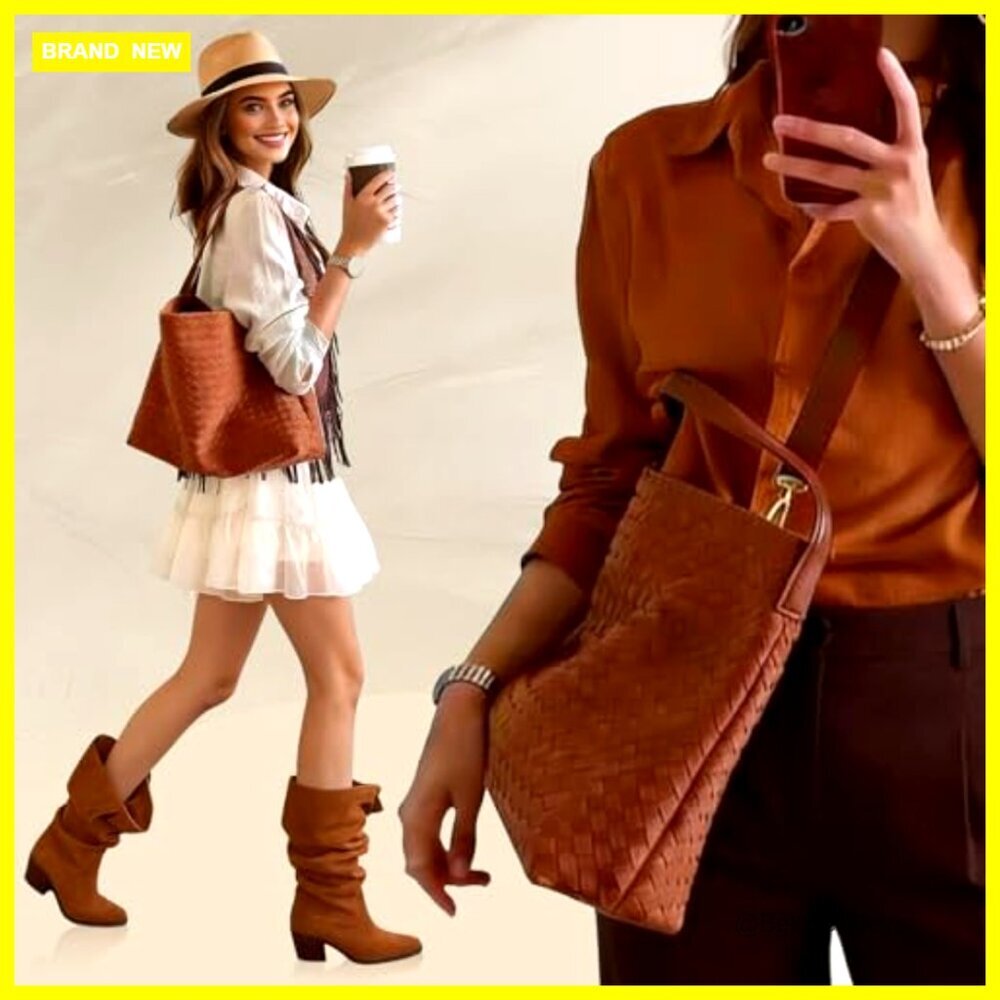 Woven Suede Tote Bag with Detachable Strap, Multi-Pocket Purse - Picture 2 of 7